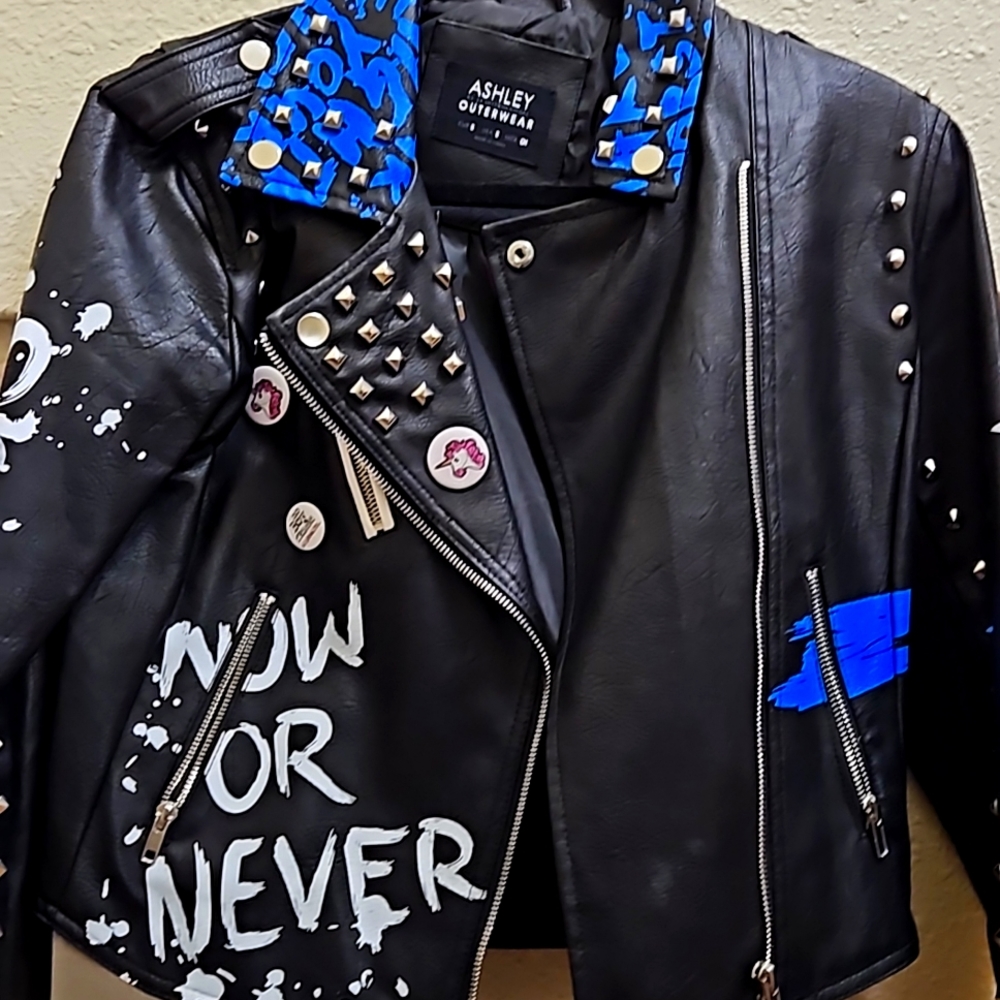 Trade or make offer on Ashley Outerwear embellished vegan, faux leather jacket.